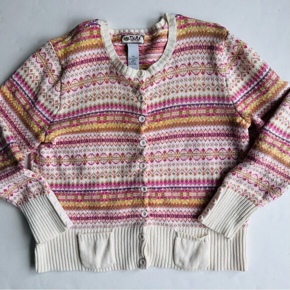 VTG Tiara Cardigan Sweater Fair Isle Pockets Cottagecore Cream Size Petite XL - Picture 3 of 12
